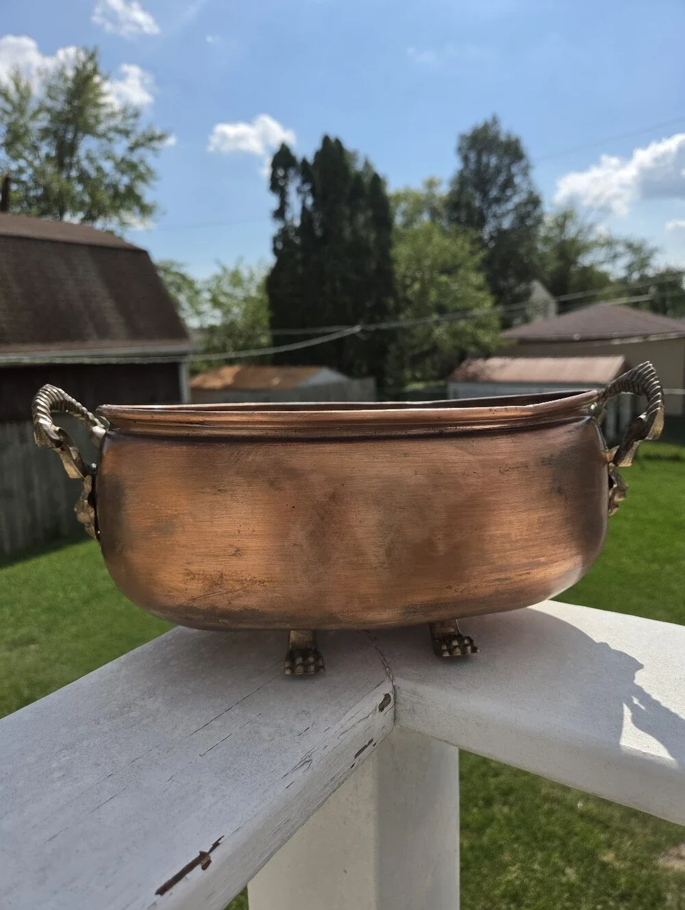 Vintage Copper Jardiniere Lion Head Handles Paw Feet, Oval Planter, French Garde